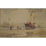 19TH CENTURY SCHOOL, Beached Ship Before a Lighthouse, watercolour, indistinctly signed,