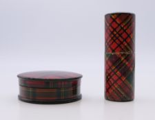 A Tartanware needle box and a Tartanware snuff box. Snuff box 4 cm diameter, needle box 5.