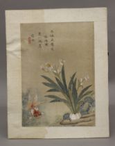 A 19th century Chinese watercolour of a Fish and Flowers with calligraphy and red seal mark,