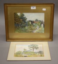 W S RUSSELL, Lady in a Cottage Garden, watercolour; together with a watercolour of a River Scene.