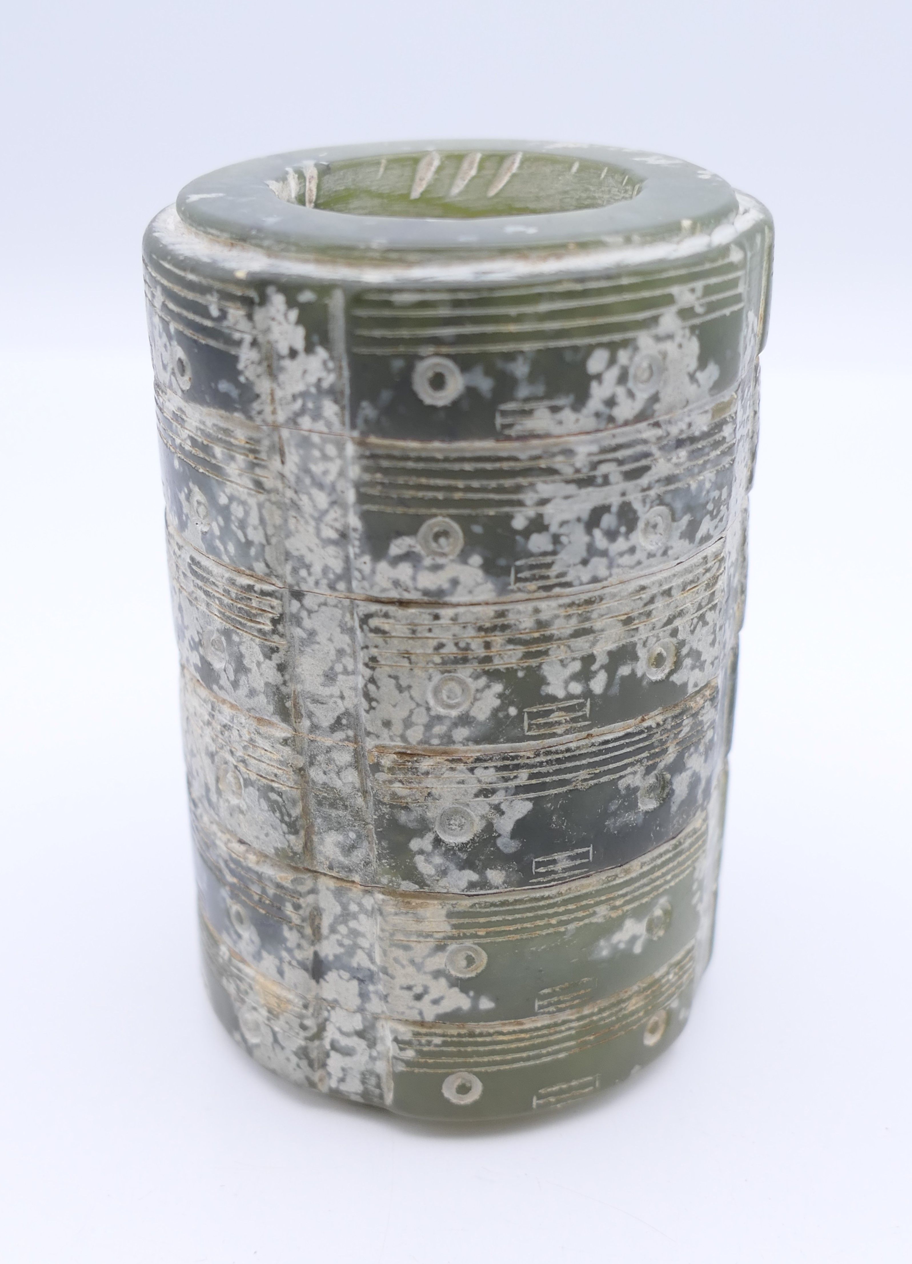 A Chinese green jade round sectional cong glued together, possibly with pine sap. 8 cm high. - Image 4 of 9