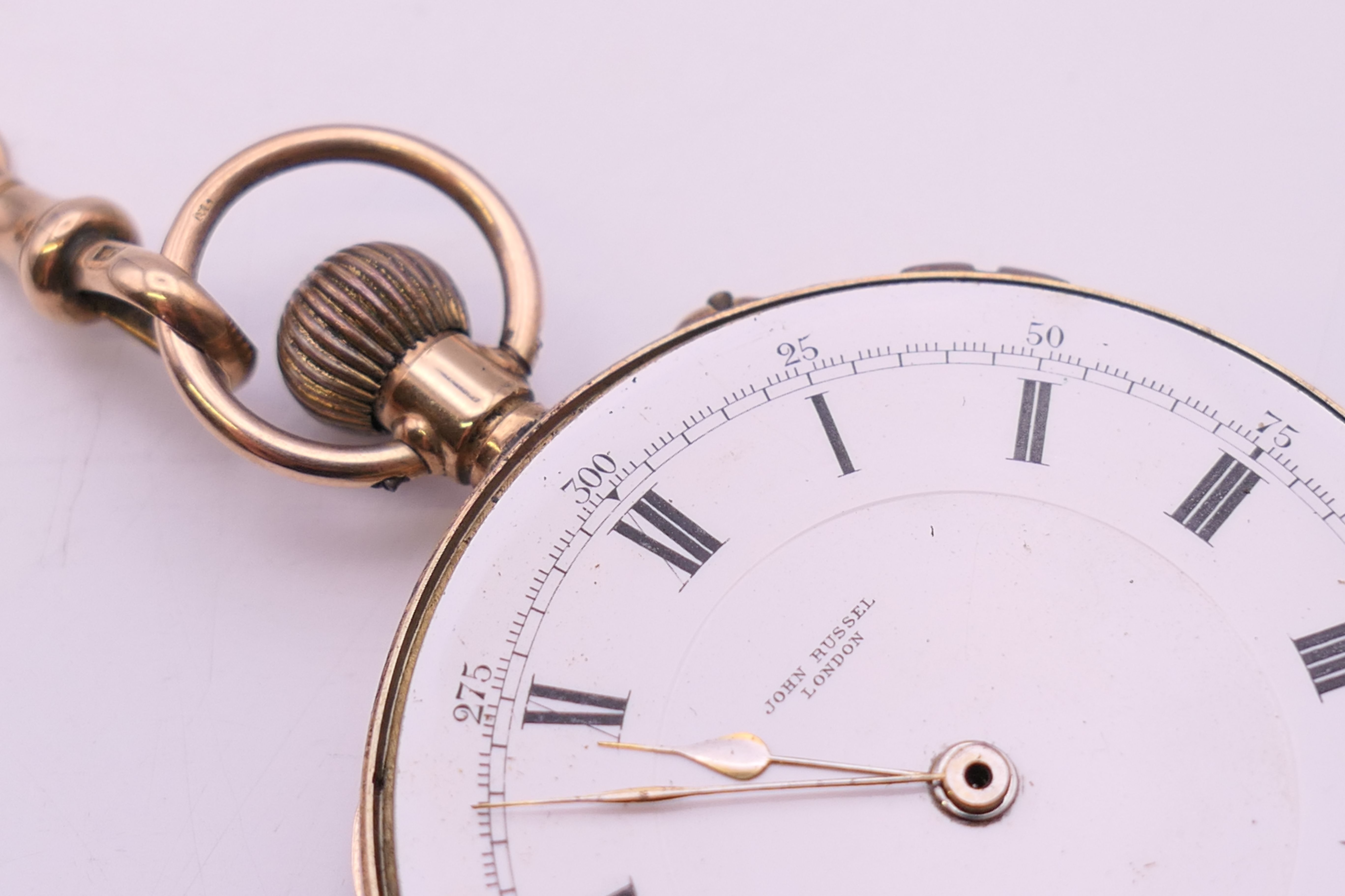 A 9 ct gold pocket watch on a 9 ct gold chain. 4.75 cm diameter, chain 35 cm long. The watch 78. - Image 7 of 17