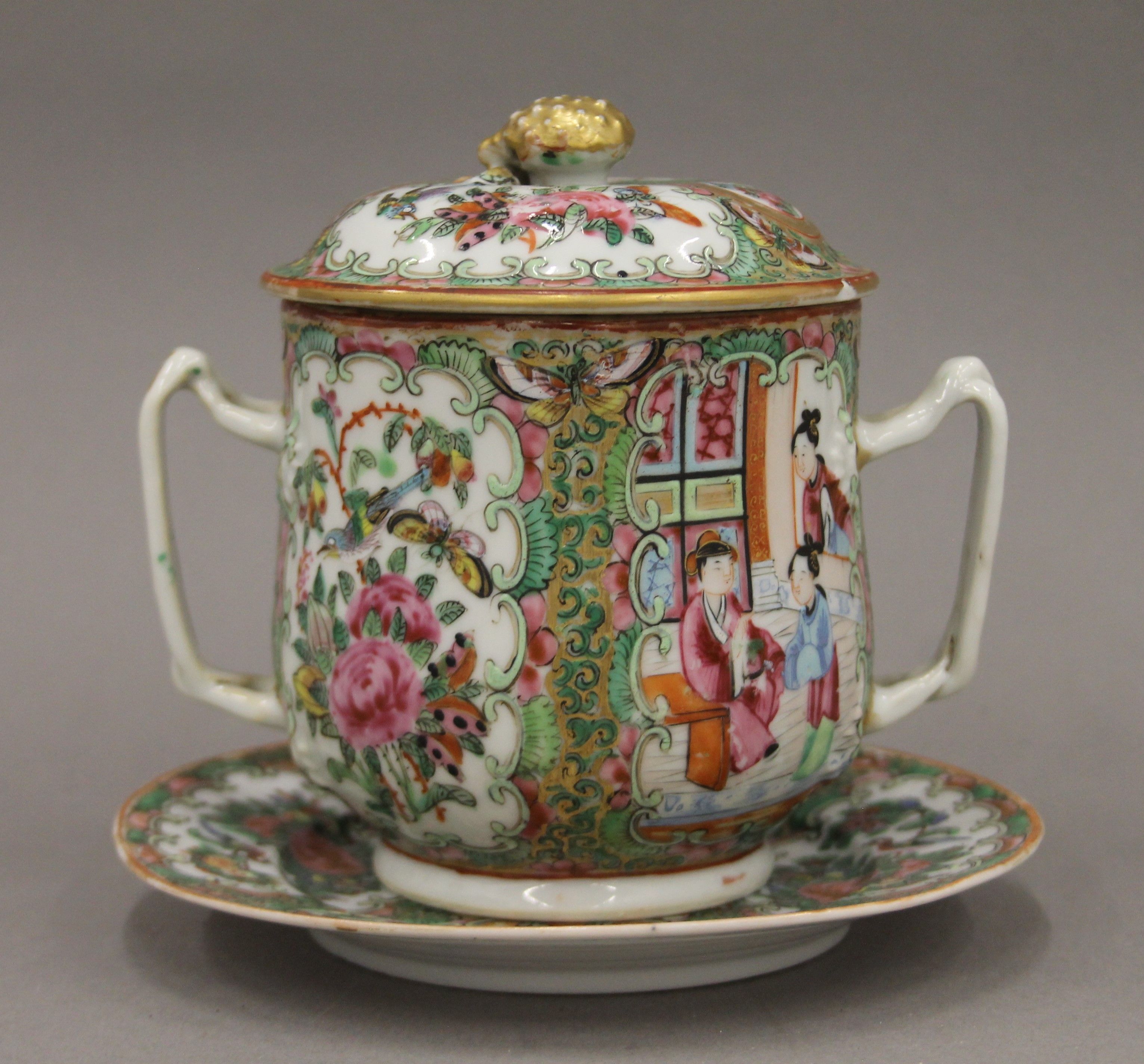 An 18th century Chinese famille rose porcelain tea caddy and a 19th century Canton porcelain twin - Image 8 of 14