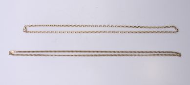 Two 9 ct gold chains. 56 cm long and 50 cm long respectively. 23.2 grammes.