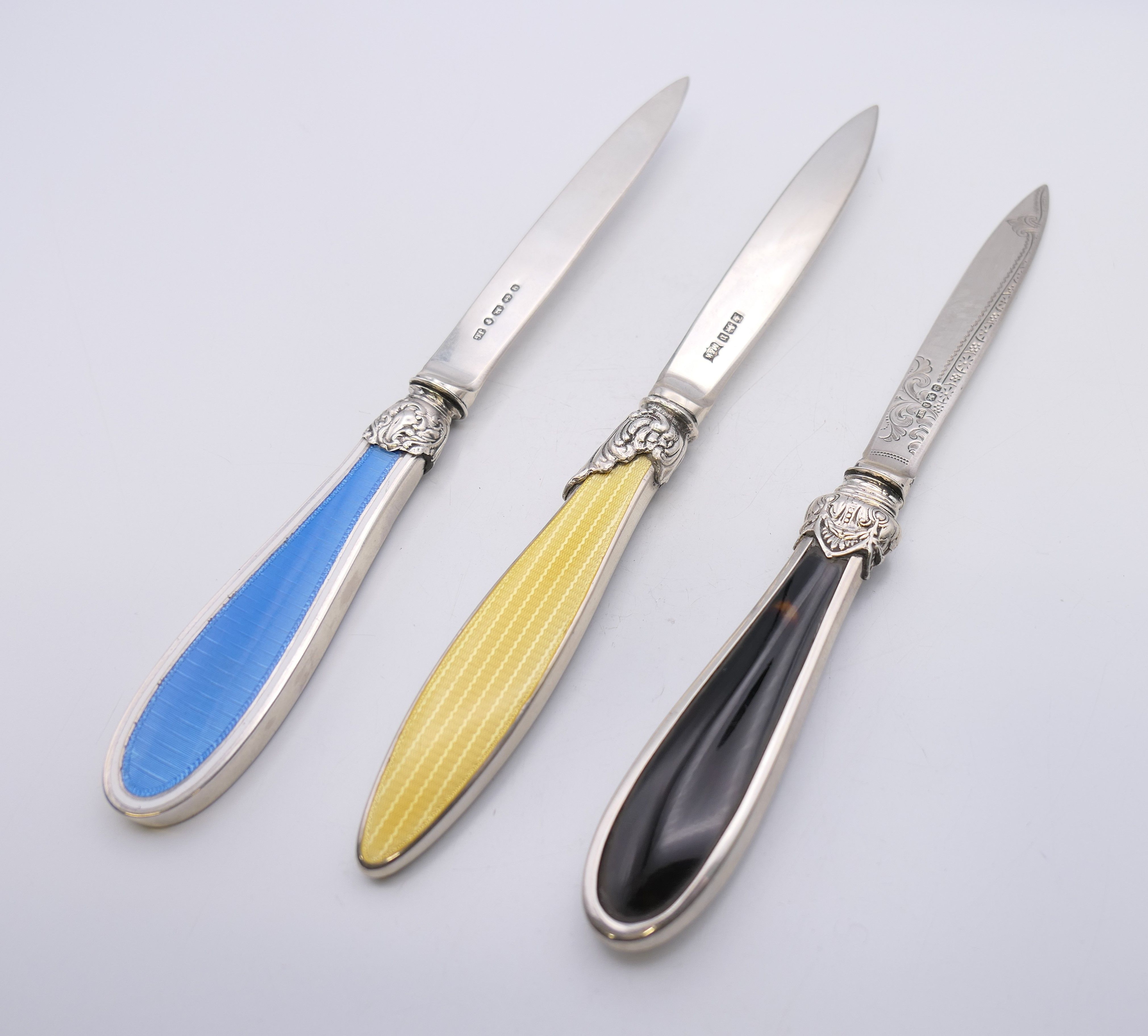 Three silver letter openers, two with enamel decoration and one with tortoiseshell. - Image 7 of 13