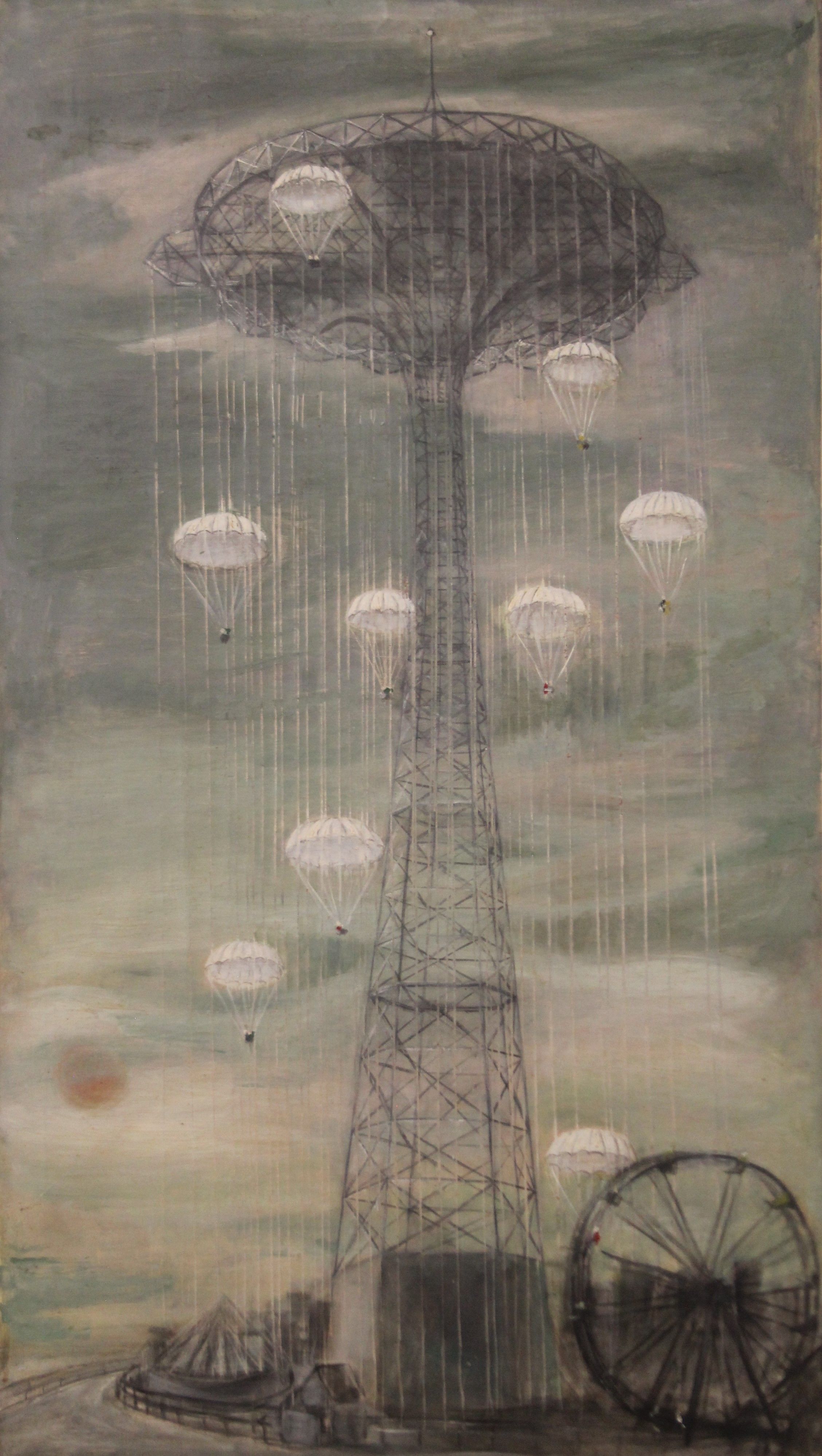 TERESA D GALLICK (American), Parachute Jump, oil on canvas, framed (63 x 111.