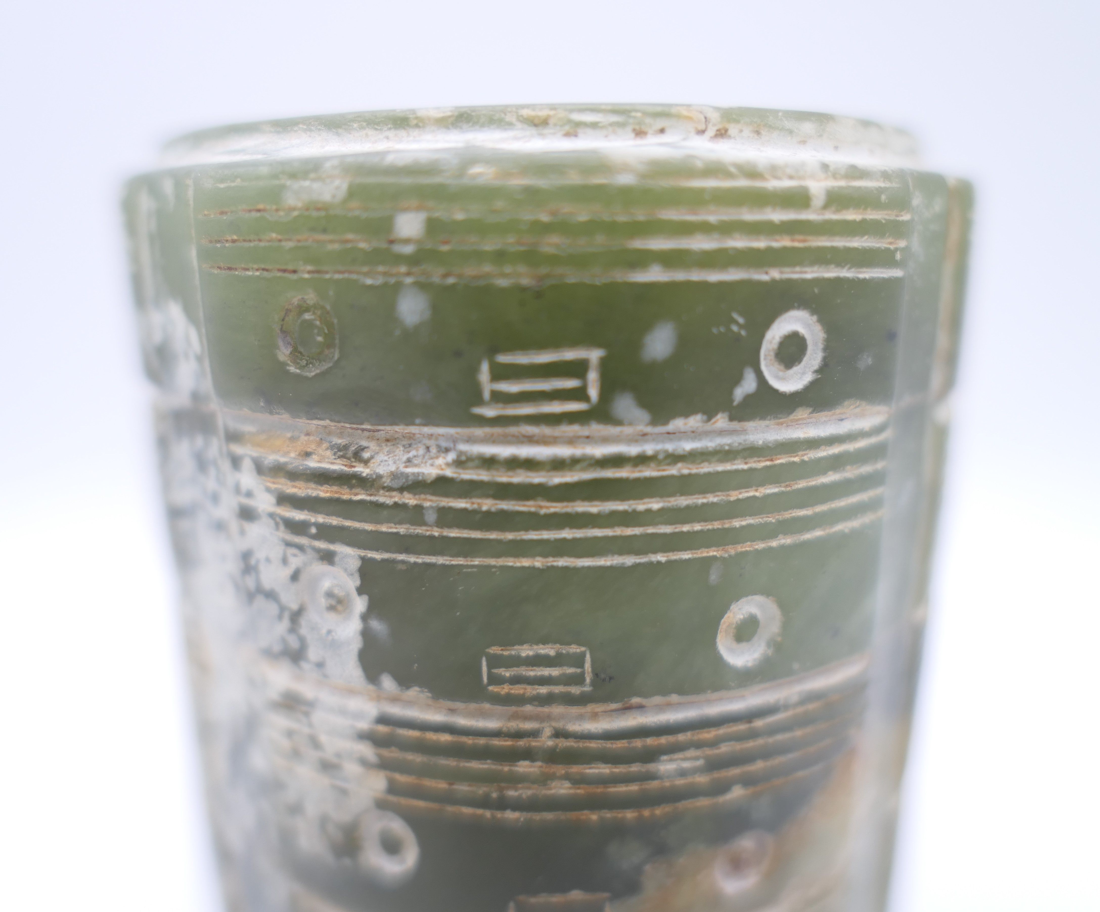 A Chinese green jade round sectional cong glued together, possibly with pine sap. 8 cm high. - Image 7 of 9