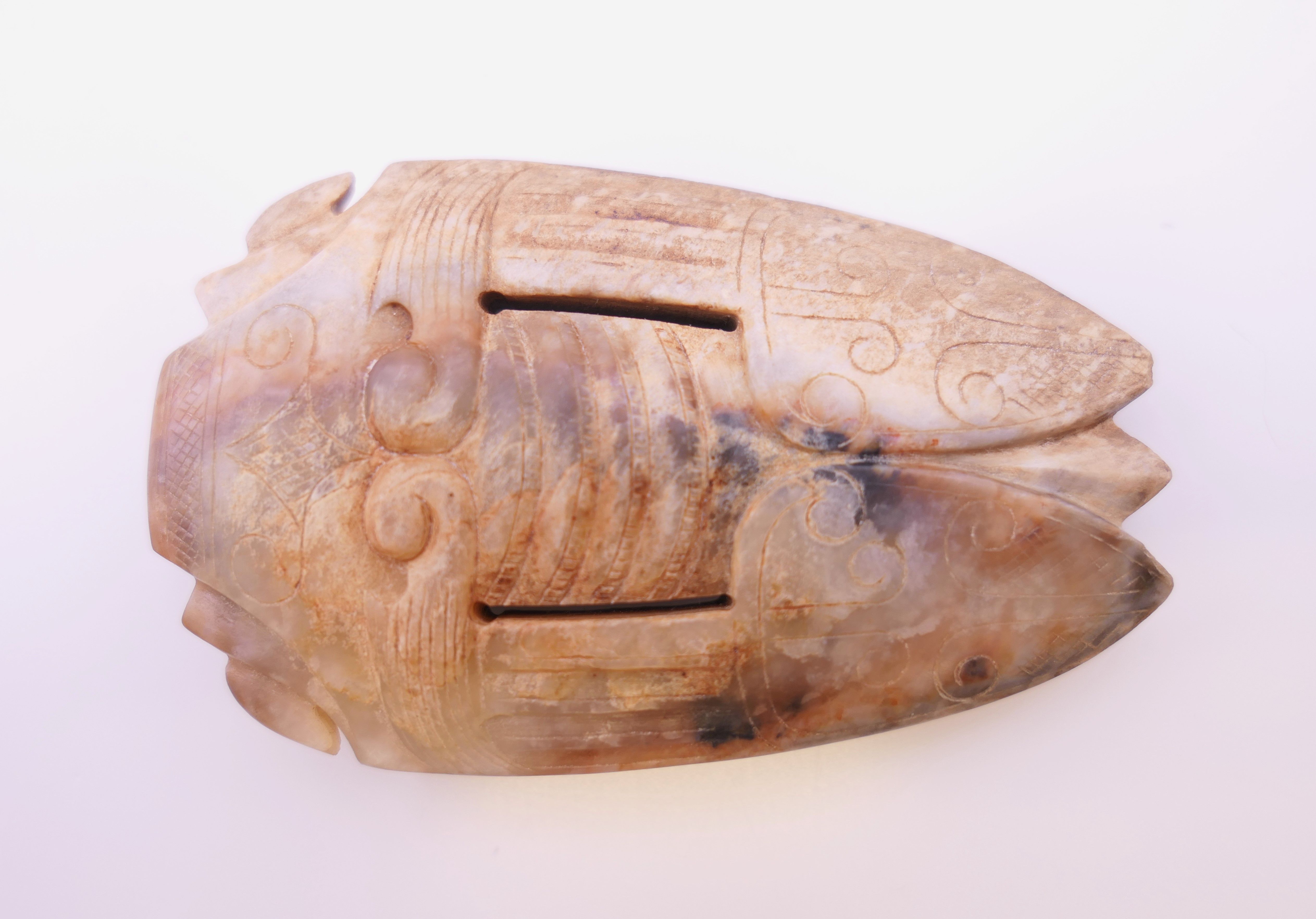 A Chinese russet jade coloured cicada, Shang Dynasty. 6 cm long.