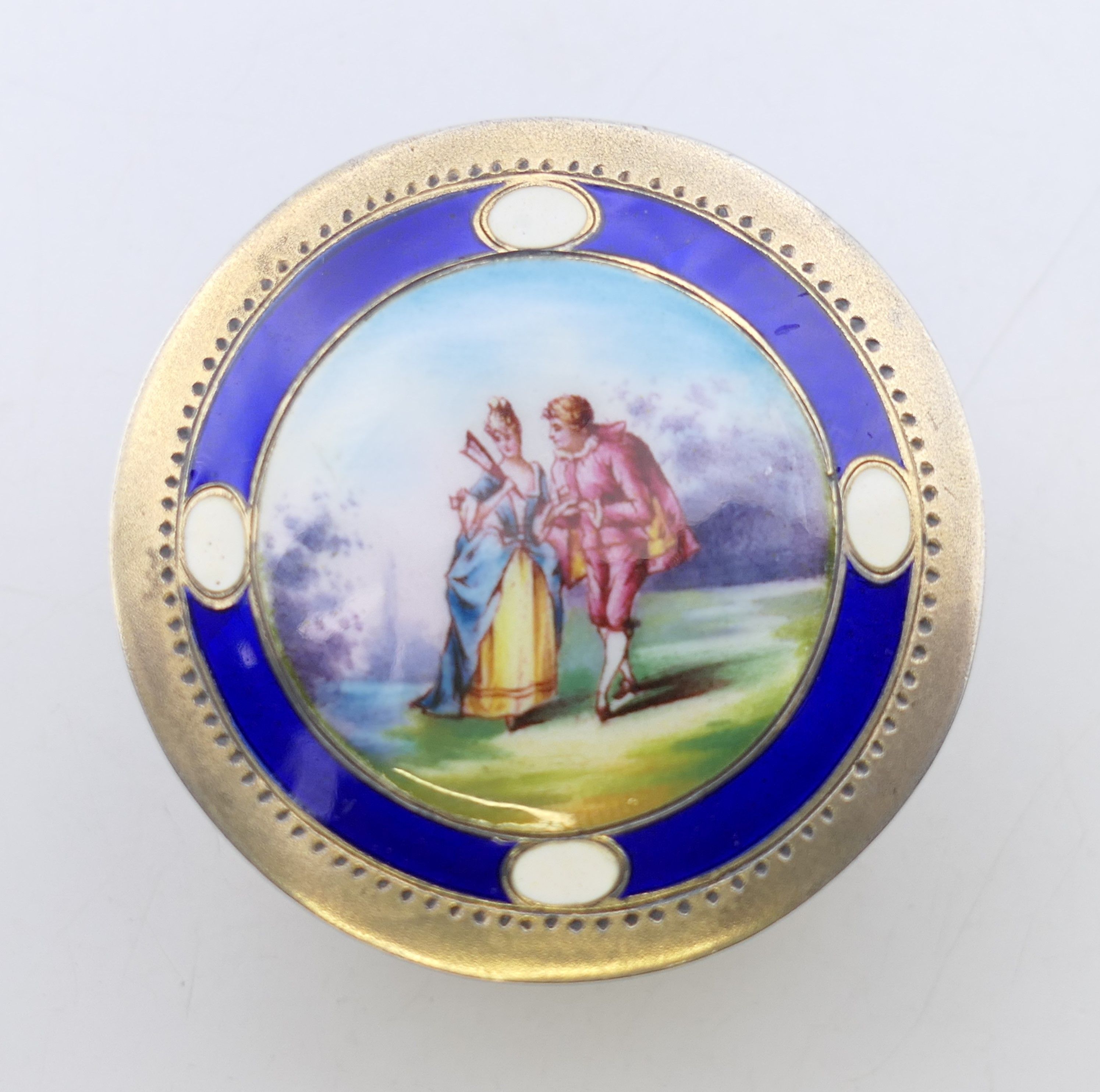 A Continental 800 silver and enamel pill box, the lid decorated with a courting couple. 4. - Image 2 of 8