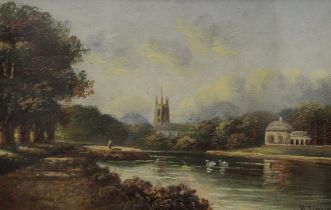 Riverscene, miniature oil, signed H Church, framed and glazed. 14 x 9 cm.