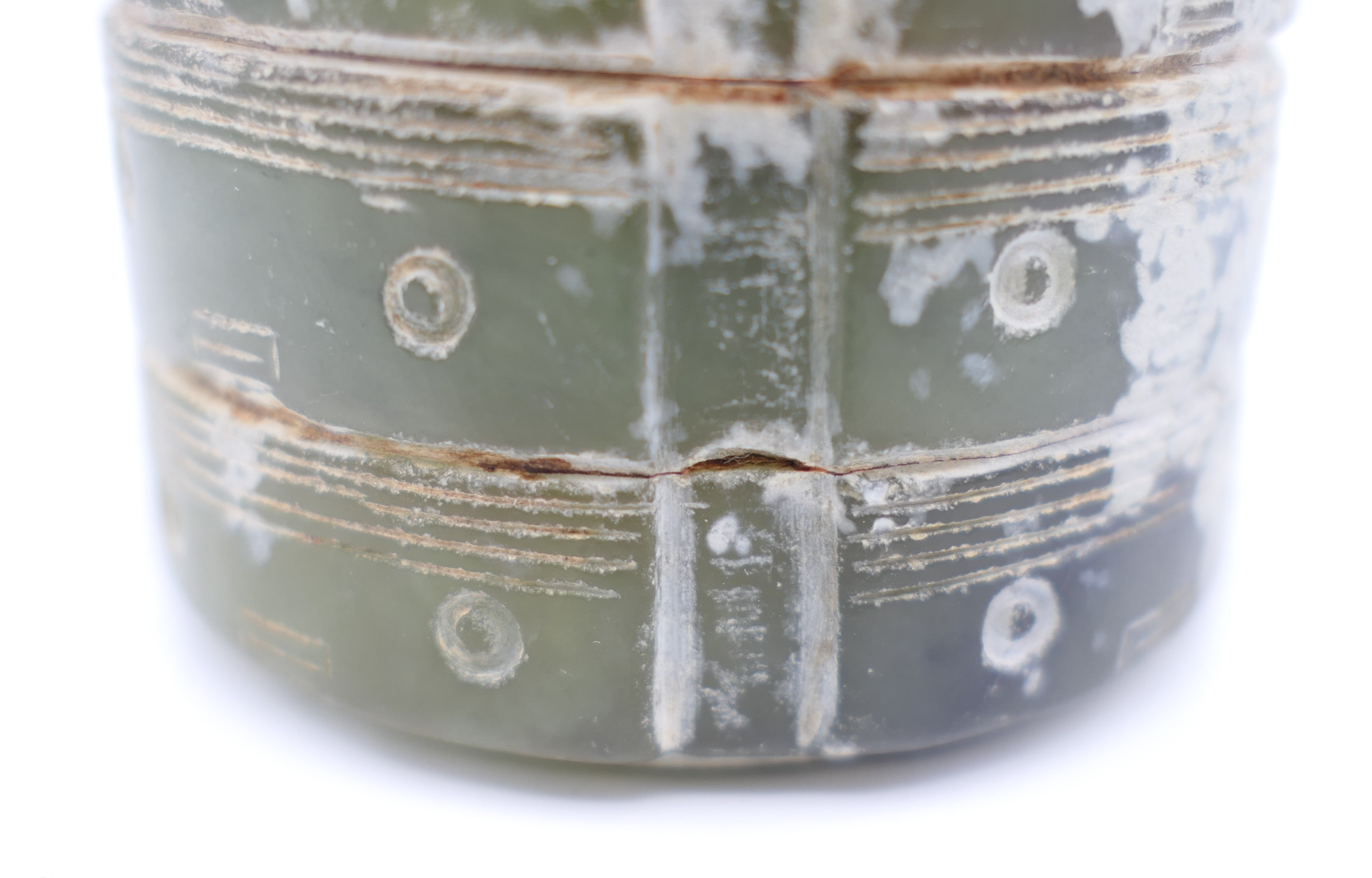 A Chinese green jade round sectional cong glued together, possibly with pine sap. 8 cm high. - Image 8 of 9