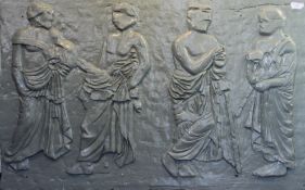 A painted fibreglass panel depicting classical figures. 123 cm wide.