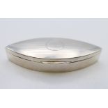 A silver pill box, hallmarked for Birmingham 1920. 8 cm x 3.5 cm. 31.6 grammes.