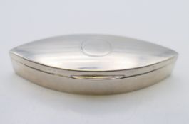 A silver pill box, hallmarked for Birmingham 1920. 8 cm x 3.5 cm. 31.6 grammes.