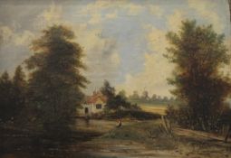 19TH CENTURY SCHOOL, A Fisherman before a Cottage and Windmill, oil on canvas, framed. 50 x 34.5 cm.