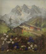 A kitsch print and collage of an Alpine scene, framed and glazed. 61.5 x 73.5 cm.