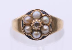 A Victorian 18 ct gold seed pearl and rose diamond ring, hallmarked for Birmingham 1863.