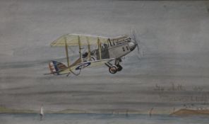 An early 20th century watercolour of a Bi-Plane, indistinctly inscribed and signed, dated 7/5/21,