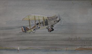 An early 20th century watercolour of a Bi-Plane, indistinctly inscribed and signed, dated 7/5/21,