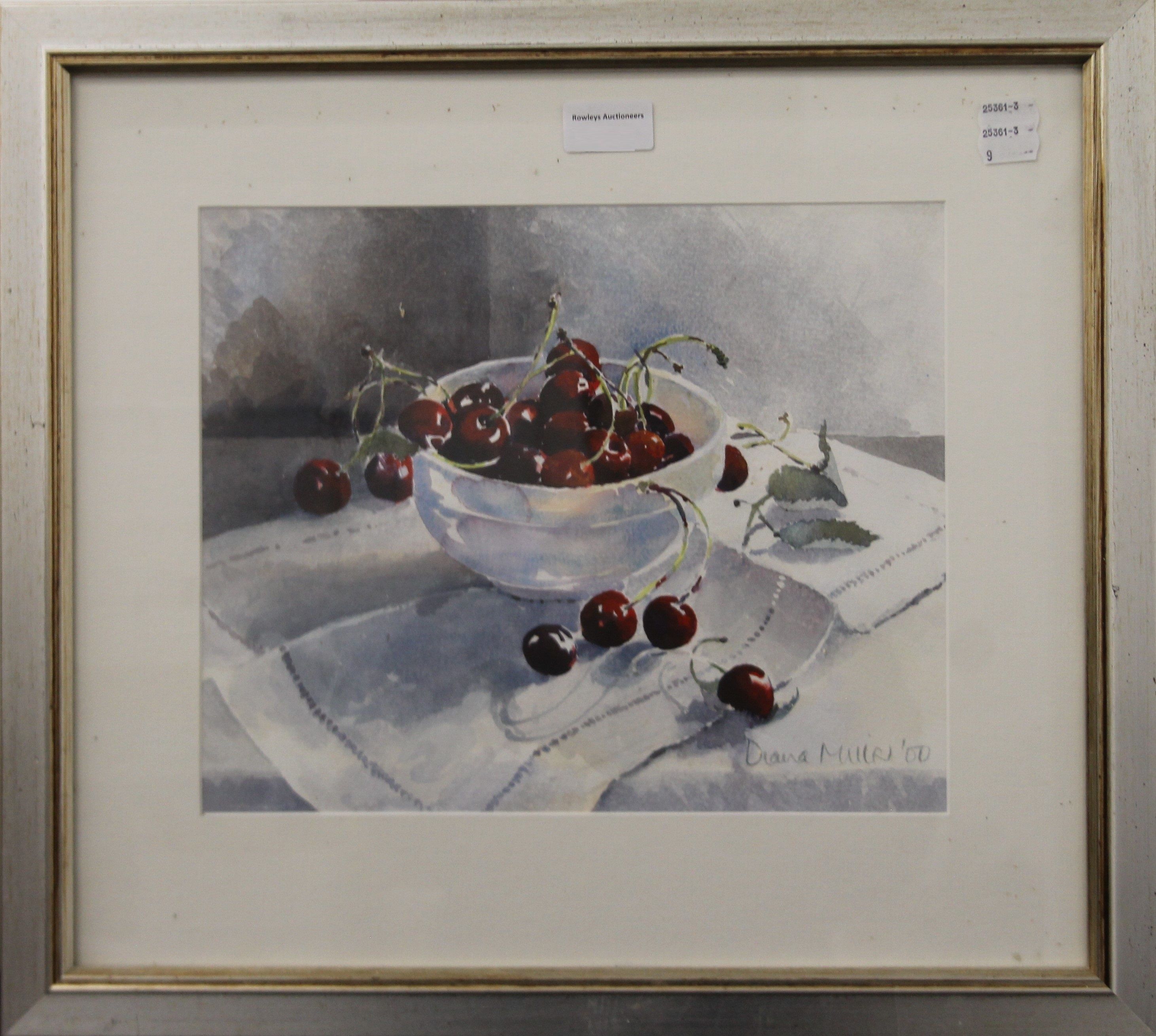 DIANA MILLER, Bowl of Cherries, watercolour, framed and glazed. 32 x 25.5 cm. - Image 2 of 3