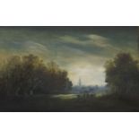 Grazing Cattle in a Clearing with Church Beyond, oil on panel, framed. 31.5 x 19.5 cm.