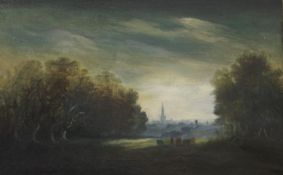 Grazing Cattle in a Clearing with Church Beyond, oil on panel, framed. 31.5 x 19.5 cm.