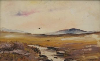 Moorland Landscape, oil on board, indistinctly signed, framed. 22.5 x 13.5 cm.