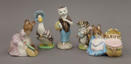 Five Beswick Beatrix Potter figurines. The largest 10 cm high.