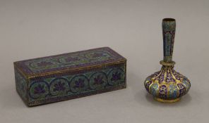 A 19th century Indo-Persian gilt copper and enamel flask, and a similar rectangular box.
