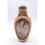 A Chinese gilded glass snuff bottle, inside painted duck scenes, artist Ding Erzhong,