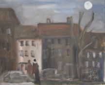 Townscape at Night, oil painting, signed and dated 1974, inscribed, framed. 54 x 44 cm.
