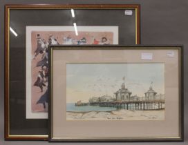 West Pier Brighton, print, signed B E Standen and another print. Each framed and glazed.