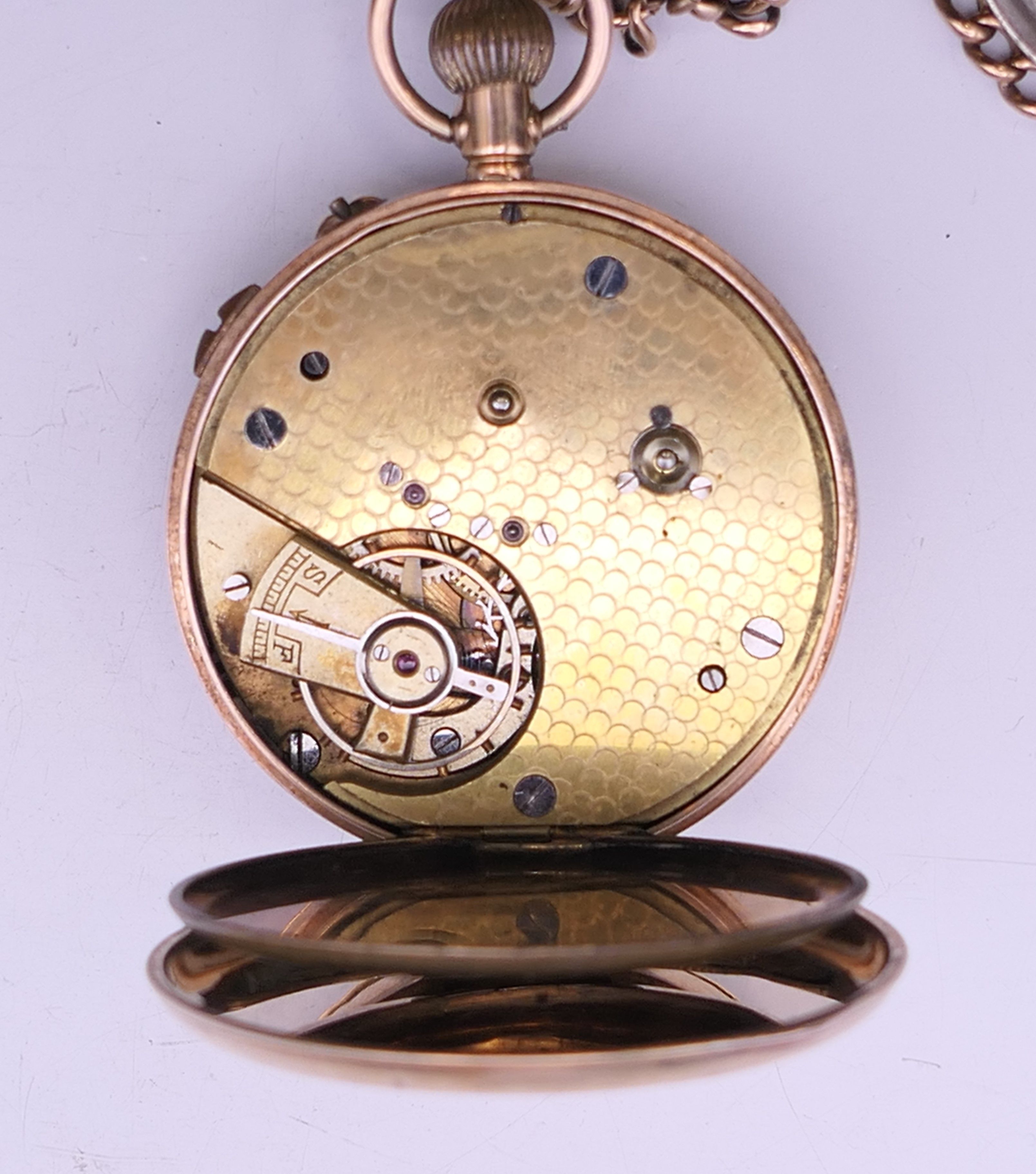 A 9 ct gold pocket watch on a 9 ct gold chain. 4.75 cm diameter, chain 35 cm long. The watch 78. - Image 10 of 17