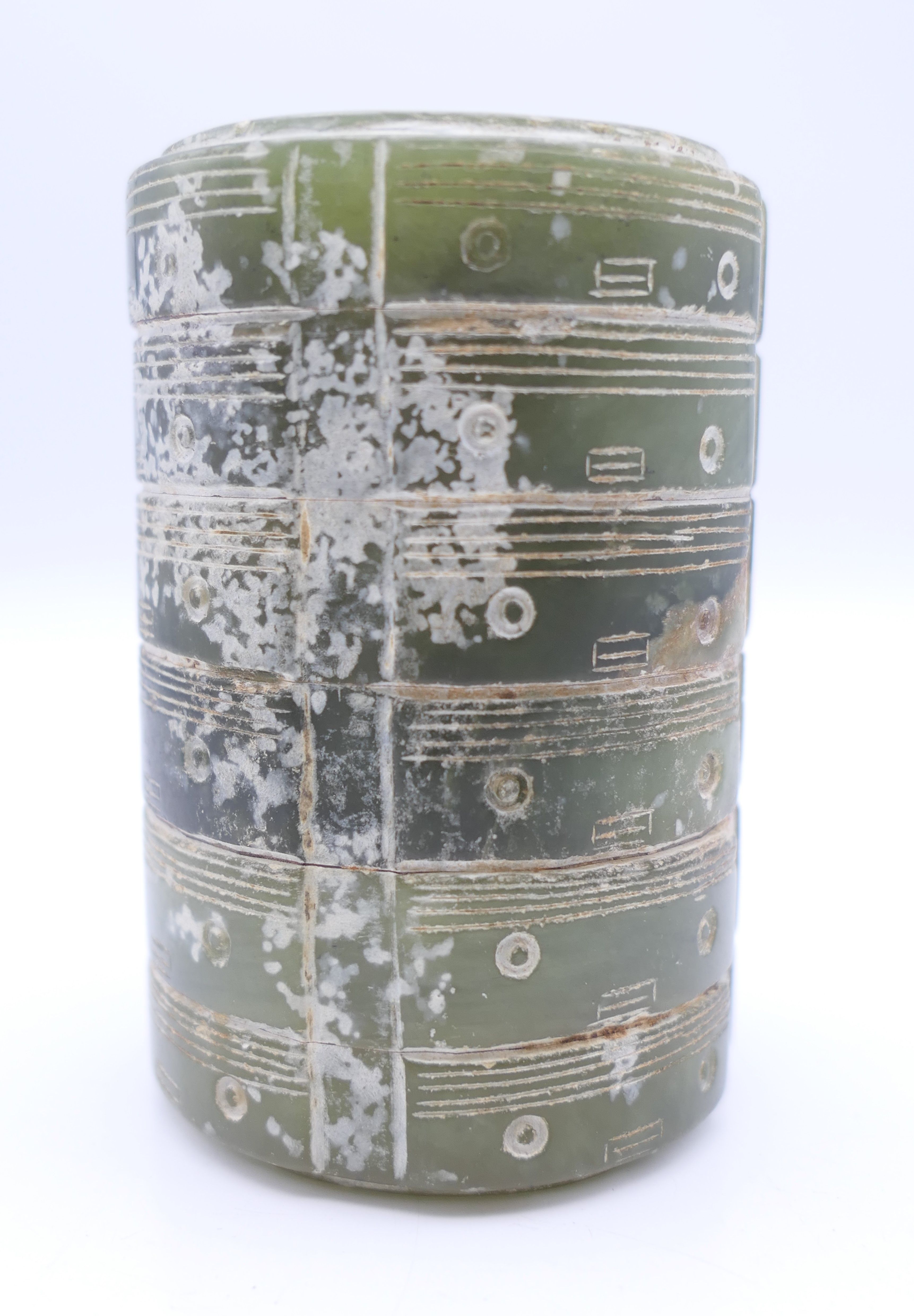 A Chinese green jade round sectional cong glued together, possibly with pine sap. 8 cm high. - Image 2 of 9