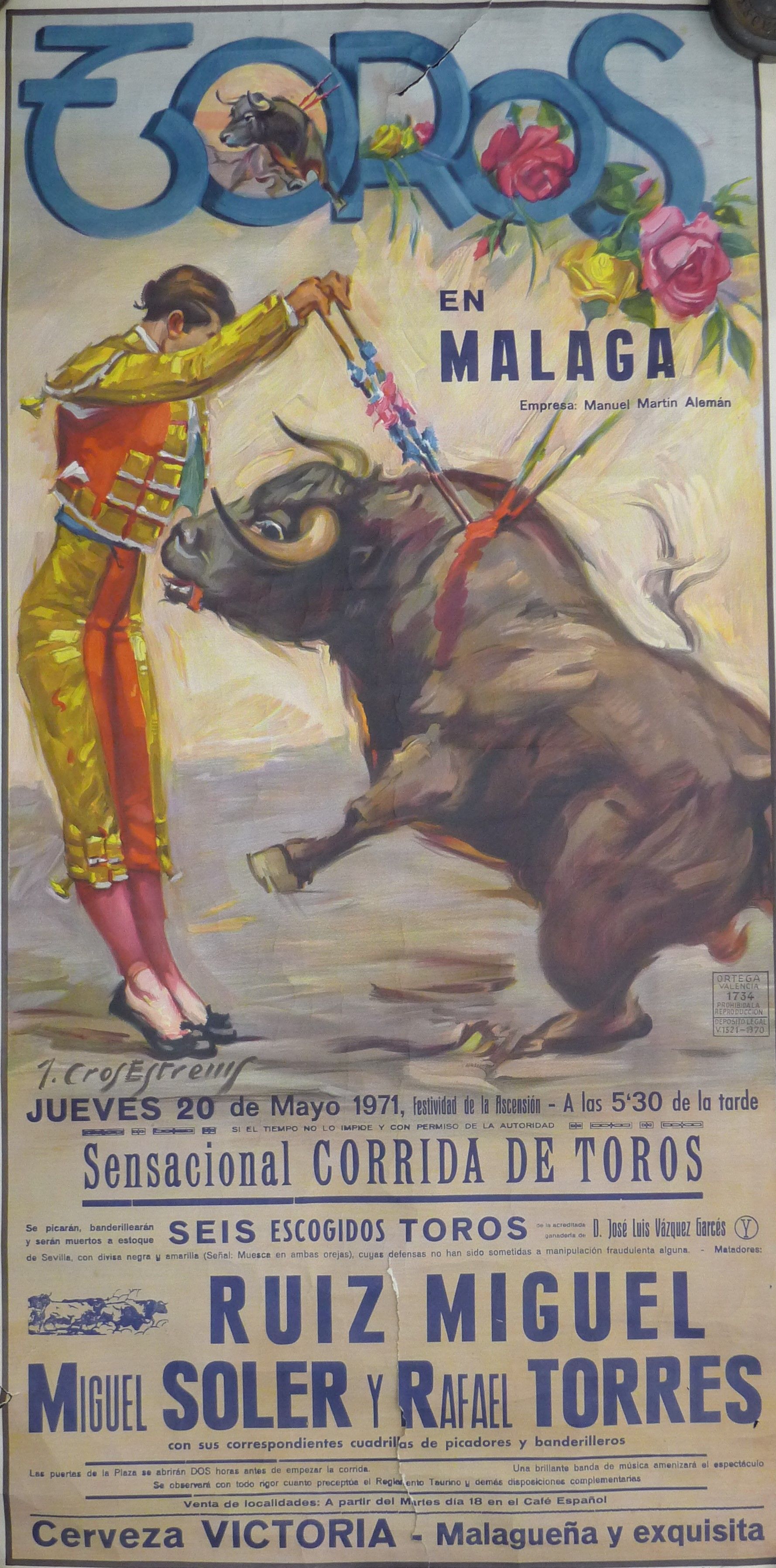 COROS EN MALAGA, a vintage bull fighting poster. 53 x 97 cm.