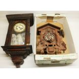 H.A.C. early c20th walnut cased wall clock (woodworm damage) and a late C20th black forest cuckoo