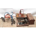Child's Tricycle, small wheelbarrow, wrought iron 4 slot bottle carrier with 2 glass bottles with