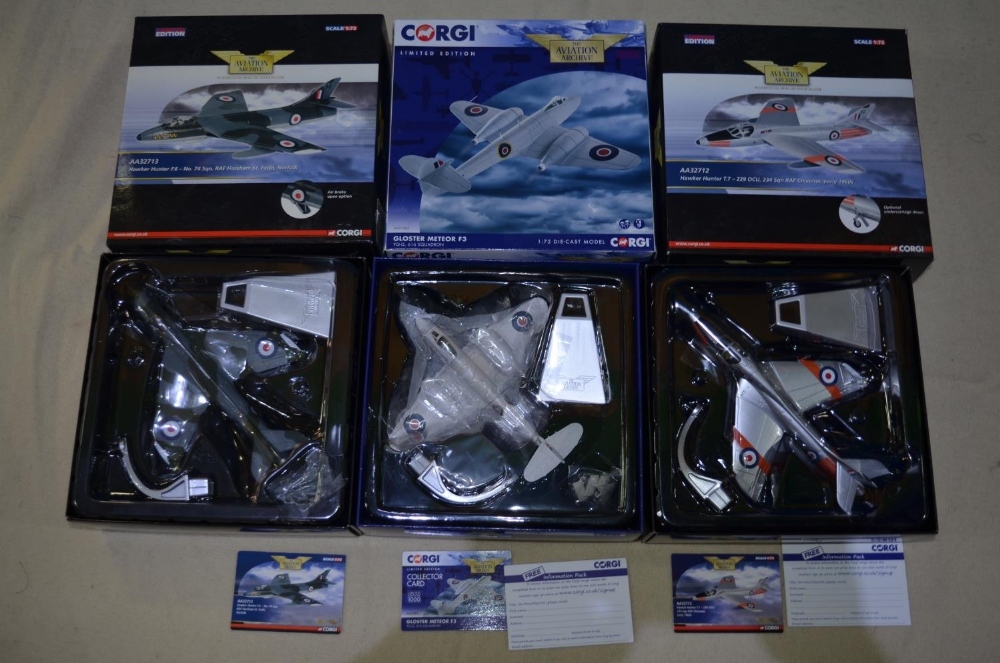 Three boxed 1/72 scale post-war limited edition diecast Corgi aircraft models, all in mint condition