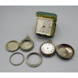 Late Victorian silver open faced keyless pin set pocket watch(a/f), Garant 7 jewel travel clock