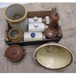 Collection of stoneware incl. bread pancheon, large bread container, three hot water bottles,