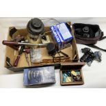 Camera equipment including Practica camera and separate cased lens, woodworking tools, carved wood