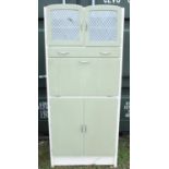 Vintage green and white painted kitchen cabinet, with two glazed doors, a drawer and fall above