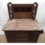 Edwardian oak marble top wash stand, raised pierced and tiled back above single door on square