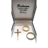 9ct yellow gold crucifix pendant with engraved detail, stamped 375, 9ct yellow gold wedding band