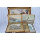 6 framed prints including a large shepherds scene with flock, (93x66.5cm), 2 landscapes by Alfred De