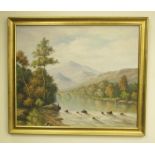 P. Wilson (British C20th); Angler in an extensive Lakeland landscape, oil on canvas, signed, 49cm