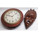 C20th wall dial clock moulded stained beech frame, brass bezel enclosing card dial with Arabic