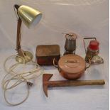 Vintage Swedish Primus Stove and copper cooking pot, a Wolf Type FS safety lamp, a vintage battery