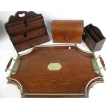 Edwardian shaped rectangular oak tray with EPNS gallery on four bun feet, L64cm, burr wood domed top