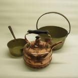 C20th brass jam pan with rivited steel handle D26.5 cm, brass saucepan with rivited steel handle